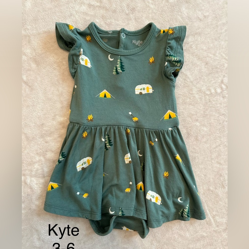 Kyte Baby Green Camping Print Flutter Sleeve Bodysuit Dress